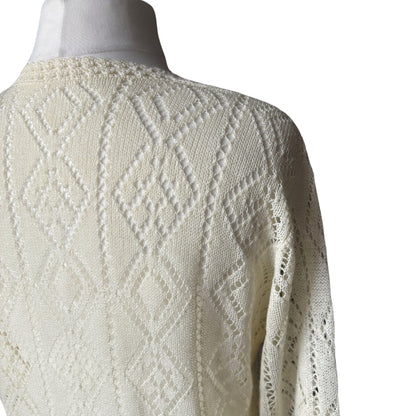 Vintage Pale Cream Crochet Cardigan: Pointelle Design with Daisy Detailing. Approx UK size 14-18