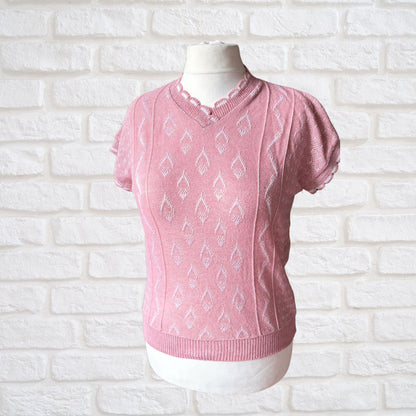 Vintage 80s Pink and White Sleeveless Top with Scalloped Trim - Lightweight and Stylish Approx UK size 12-16