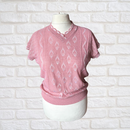 Vintage 80s Pink and White Sleeveless Top with Scalloped Trim - Lightweight and Stylish Approx UK size 12-16