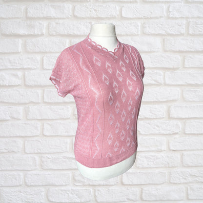 Vintage 80s Pink and White Sleeveless Top with Scalloped Trim - Lightweight and Stylish Approx UK size 12-16