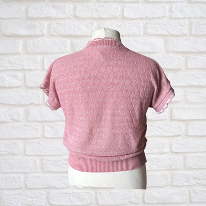 Vintage 80s Pink and White Sleeveless Top with Scalloped Trim - Lightweight and Stylish Approx UK size 12-16