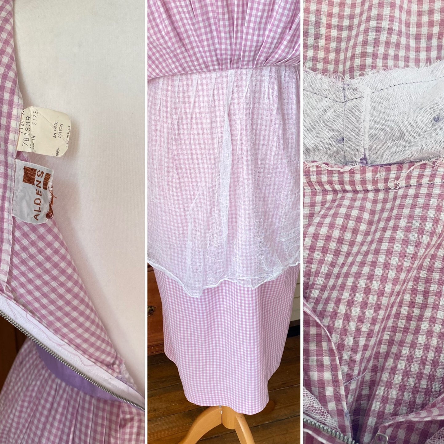 50s Lilac Gingham Cotton Summer Dress with waist bow. Approx UK size 8-10