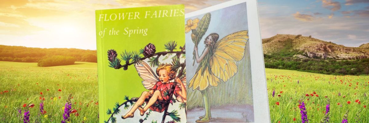1970s copy of Flower Fairies of the Spring advertising a blog post about Flower Fairies and Cecily M Barker 