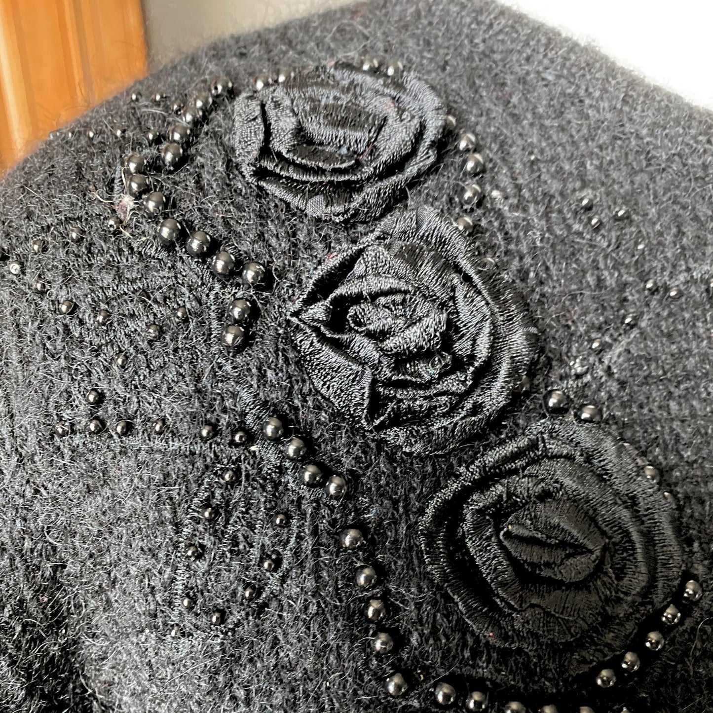 Stunning Vintage Black Mohair Cardigan with Beaded and Appliqué Black Rose detail  .Approx U.K. size 16 -20