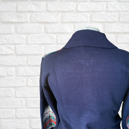 70s Vintage Blue Zip Up Cardigan with Tartan Detailing. Approx UK size 12 -14 (women) / small (men)