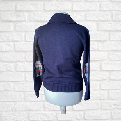 70s Vintage Blue Zip Up Cardigan with Tartan Detailing. Approx UK size 12 -14 (women) / small (men)