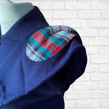 70s Vintage Blue Zip Up Cardigan with Tartan Detailing. Approx UK size 12 -14 (women) / small (men)