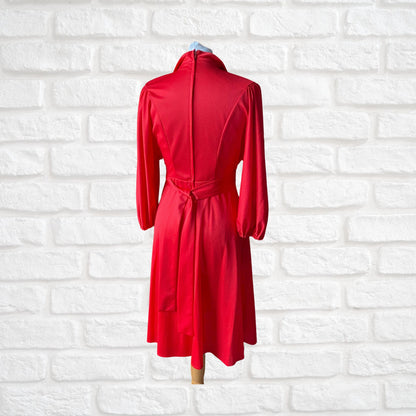Red 70s Vintage Dress with Dagger Collar and Balloon Sleeves. Approx UK size 10 -12