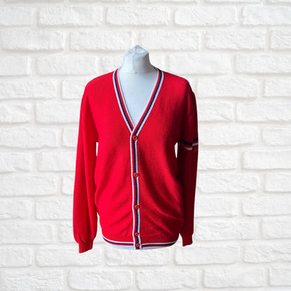 60s Mod Style Red V neck Vintage Cardigan.  Approx UK size 12-16