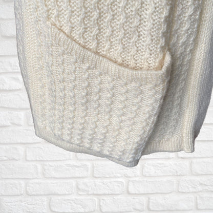 70s cream shawl collar textured knit cardigan.  Approx UK size 12-16