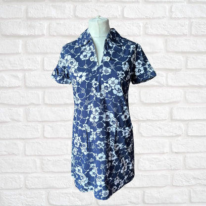 Navy Blue and White Floral Cotton 60s Mini Dress by St. Michael. Approx UK size  10- 12