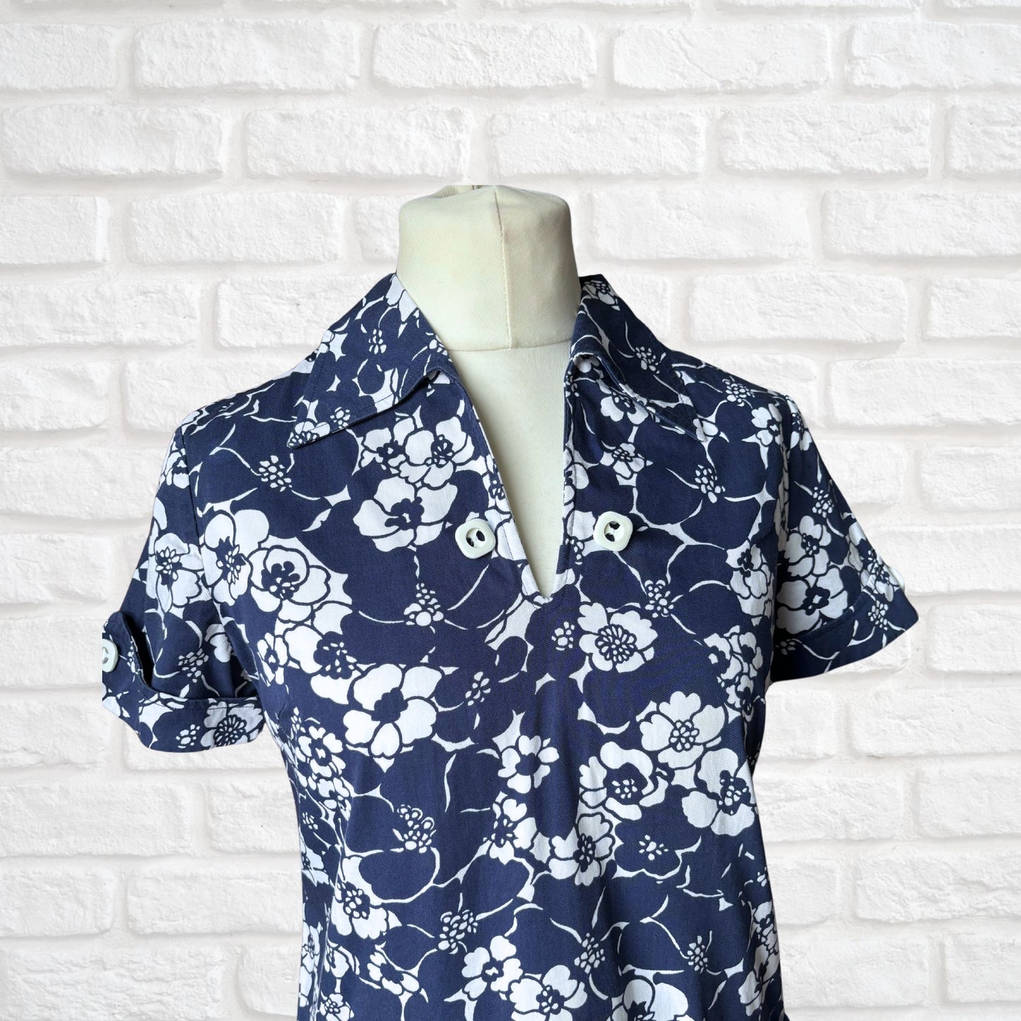 Navy Blue and White Floral Cotton 60s Mini Dress by St. Michael. Approx UK size  10- 12