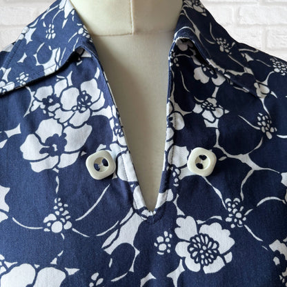 Navy Blue and White Floral Cotton 60s Mini Dress by St. Michael. Approx UK size  10- 12