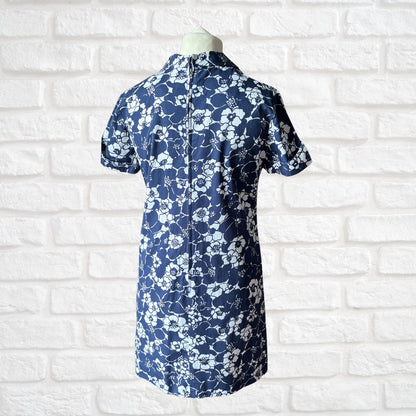 Navy Blue and White Floral Cotton 60s Mini Dress by St. Michael. Approx UK size  10- 12