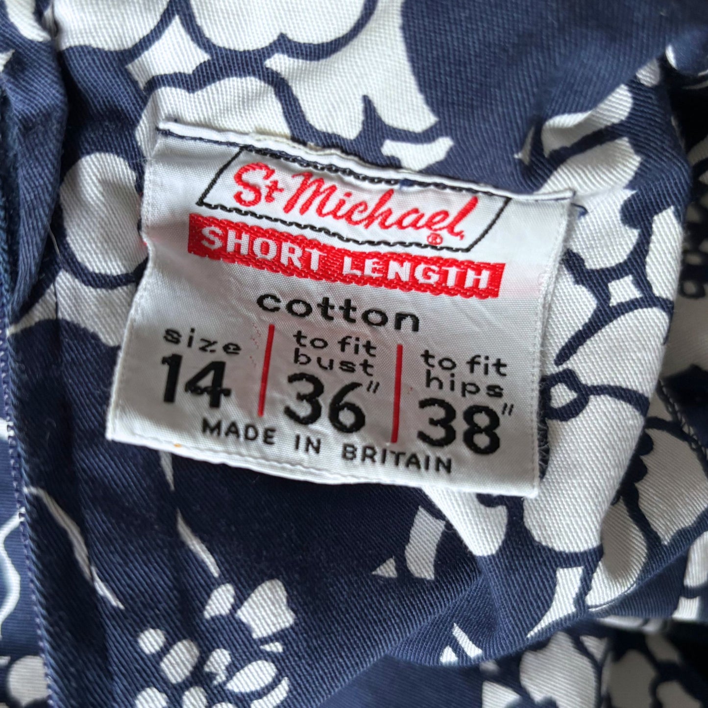 Navy Blue and White Floral Cotton 60s Mini Dress by St. Michael. Approx UK size  10- 12