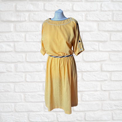 Vintage Yellow 80s Midi Dress with Navy Blue and White Buttons, Trim and Rope Belt.  Approx UK Size 10-12