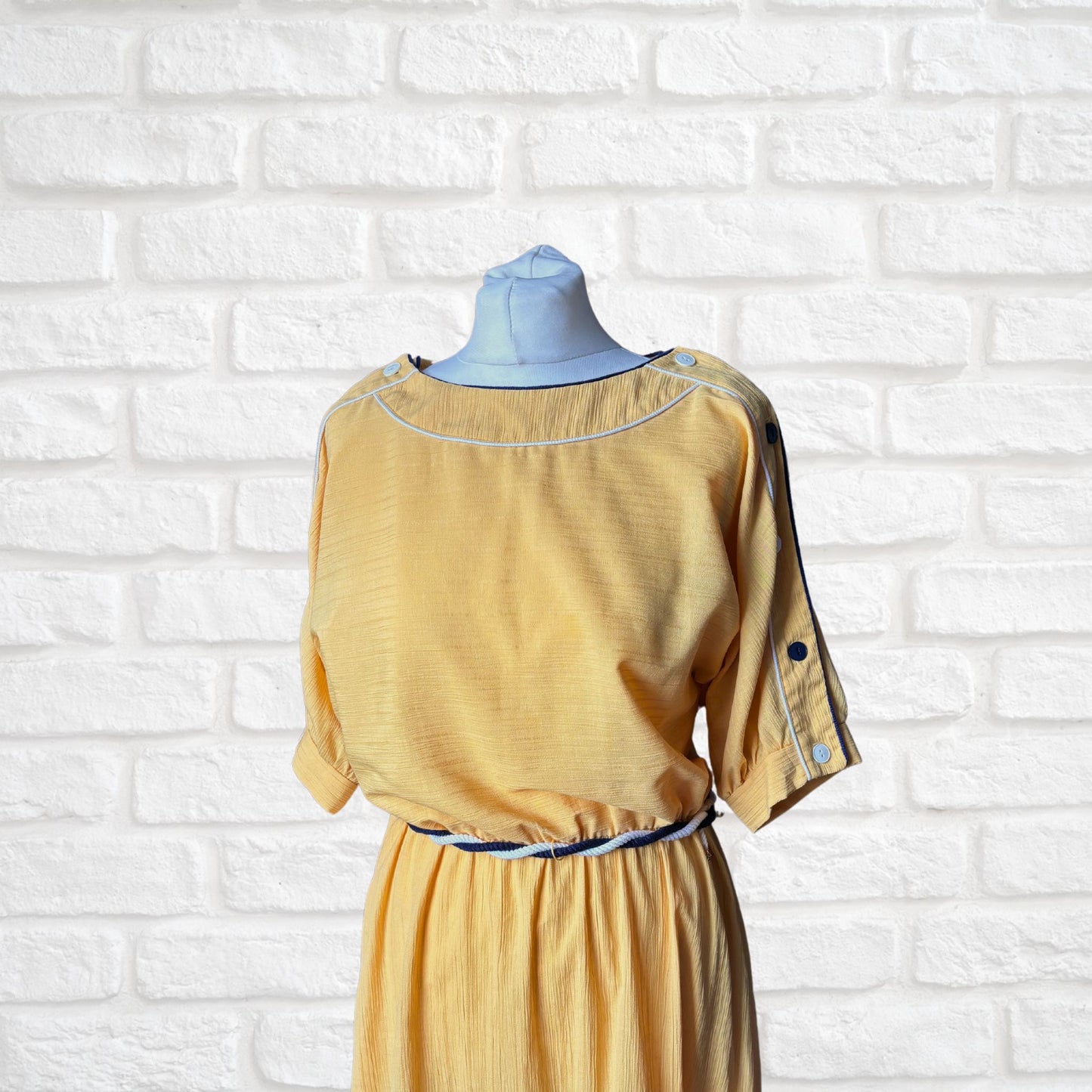 Vintage Yellow 80s Midi Dress with Navy Blue and White Buttons, Trim and Rope Belt.  Approx UK Size 10-12