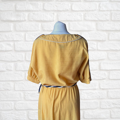 Vintage Yellow 80s Midi Dress with Navy Blue and White Buttons, Trim and Rope Belt.  Approx UK Size 10-12