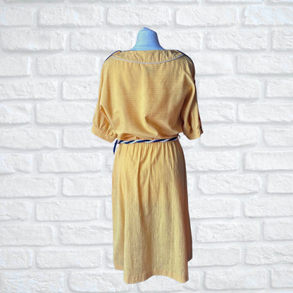 Vintage Yellow 80s Midi Dress with Navy Blue and White Buttons, Trim and Rope Belt.  Approx UK Size 10-12