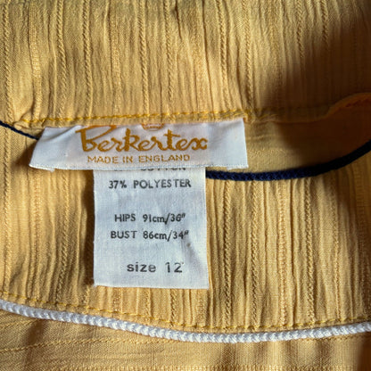 Vintage Yellow 80s Midi Dress with Navy Blue and White Buttons, Trim and Rope Belt.  Approx UK Size 10-12