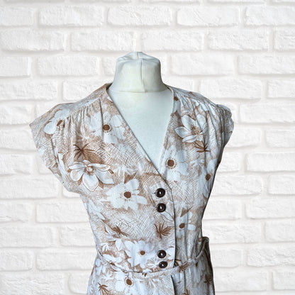 40s/50s style white and brown floral button down sleeveless vintage dress . Approx UK  8-10