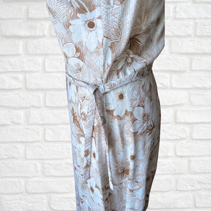 40s/50s style white and brown floral button down sleeveless vintage dress . Approx UK  8-10
