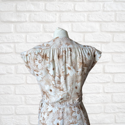40s/50s style white and brown floral button down sleeveless vintage dress . Approx UK  8-10