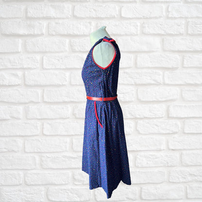 70s dark blue and rainbow polka dot sundress with red trim and belt. Approx UK size 10- 12