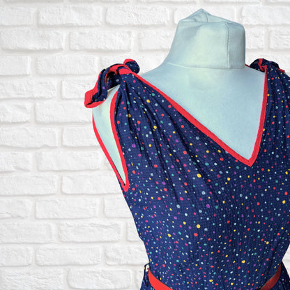 70s dark blue and rainbow polka dot sundress with red trim and belt. Approx UK size 10- 12