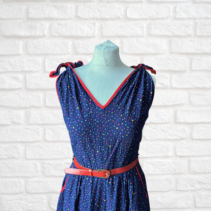 70s dark blue and rainbow polka dot sundress with red trim and belt. Approx UK size 10- 12