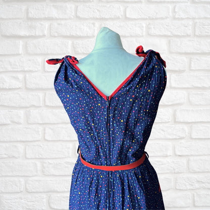 70s dark blue and rainbow polka dot sundress with red trim and belt. Approx UK size 10- 12