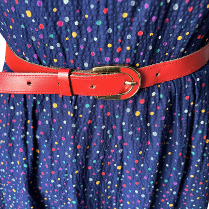 70s dark blue and rainbow polka dot sundress with red trim and belt. Approx UK size 10- 12