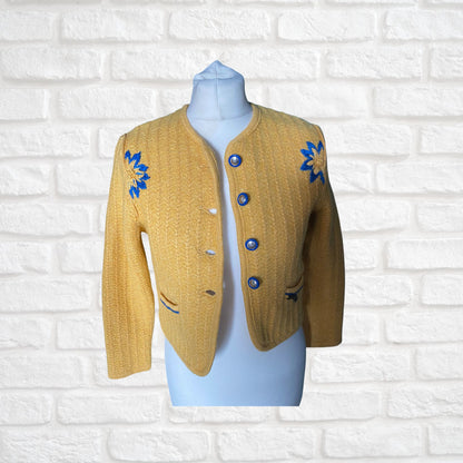Vintage Yellow Cropped Cardigan with embroidered blue  flower motif. Approx UK size 8-10