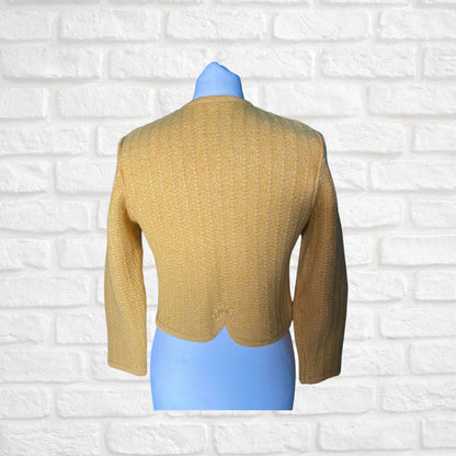 Vintage Yellow Cropped Cardigan with embroidered blue  flower motif. Approx UK size 8-10