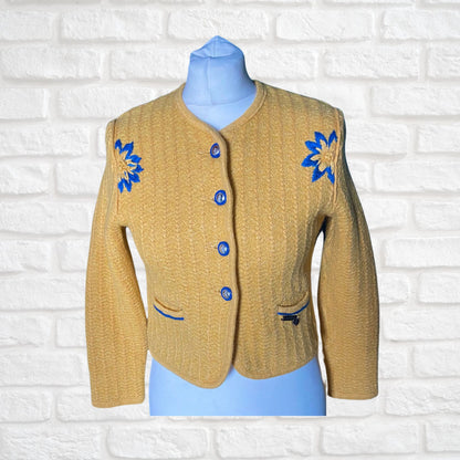 Vintage Yellow Cropped Cardigan with embroidered blue  flower motif. Approx UK size 8-10