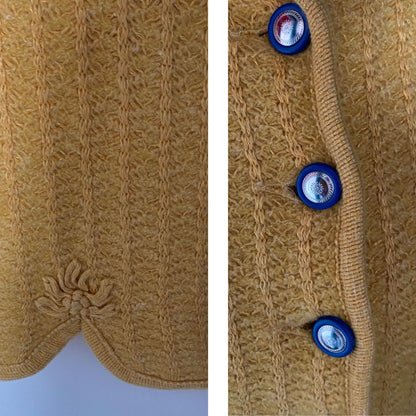 Vintage Yellow Cropped Cardigan with embroidered blue  flower motif. Approx UK size 8-10