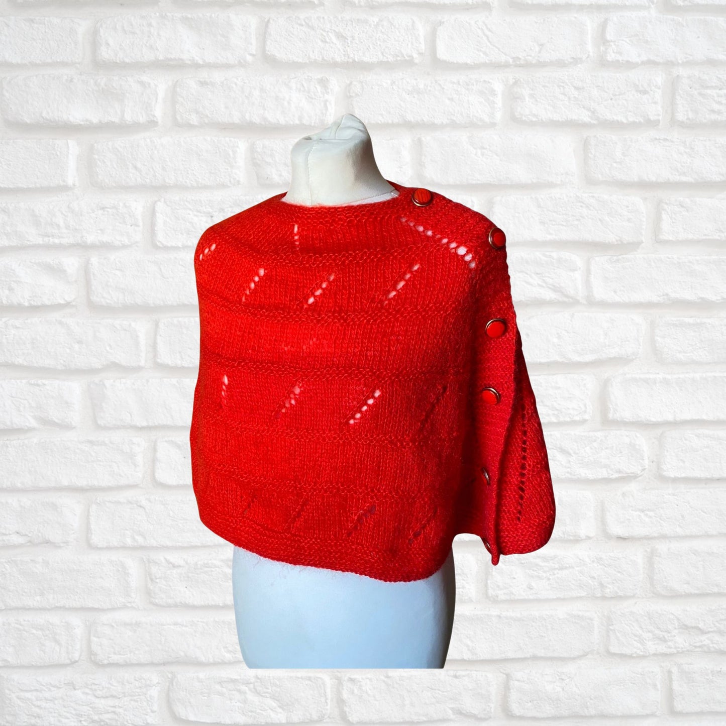 Vintage hand knitted red poncho/ cape. Approx U.K. size 8-10