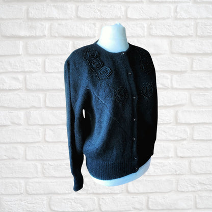 Stunning Vintage Black Mohair Cardigan with Beaded and Appliqué Black Rose detail  .Approx U.K. size 16 -20