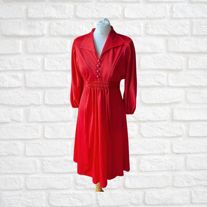 Red 70s Vintage Dress with Dagger Collar and Balloon Sleeves. Approx UK size 10 -12