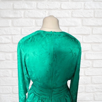 Vintage Green Silky 80s Dress with Peplum Skirt. Approx UK size 10-12