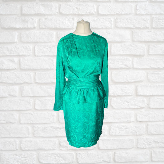 Vintage Green Silky 80s Dress with Peplum Skirt. Approx UK size 10-12