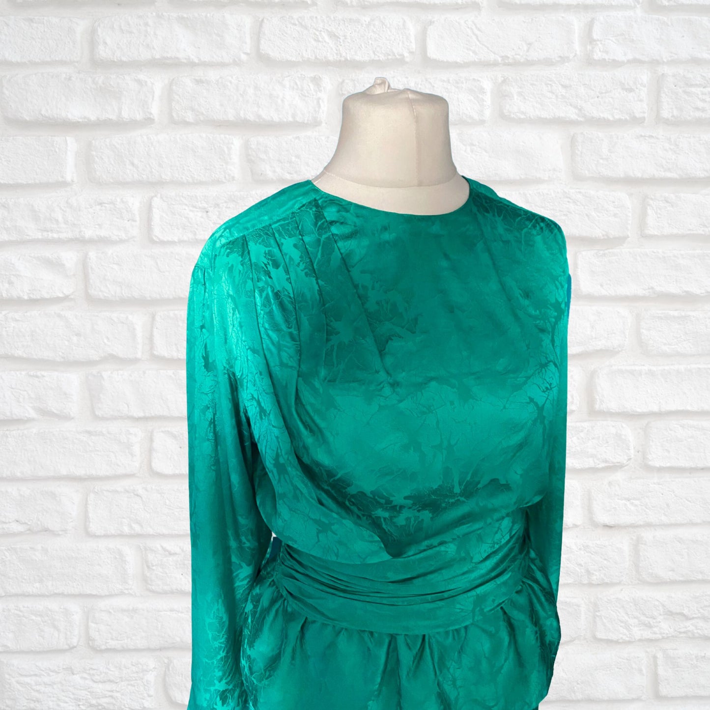 Vintage Green Silky 80s Dress with Peplum Skirt. Approx UK size 10-12