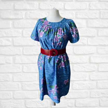 Cotton blue Hawaiian print vintage smock dress/ kaftan. Approx UK size 16-24