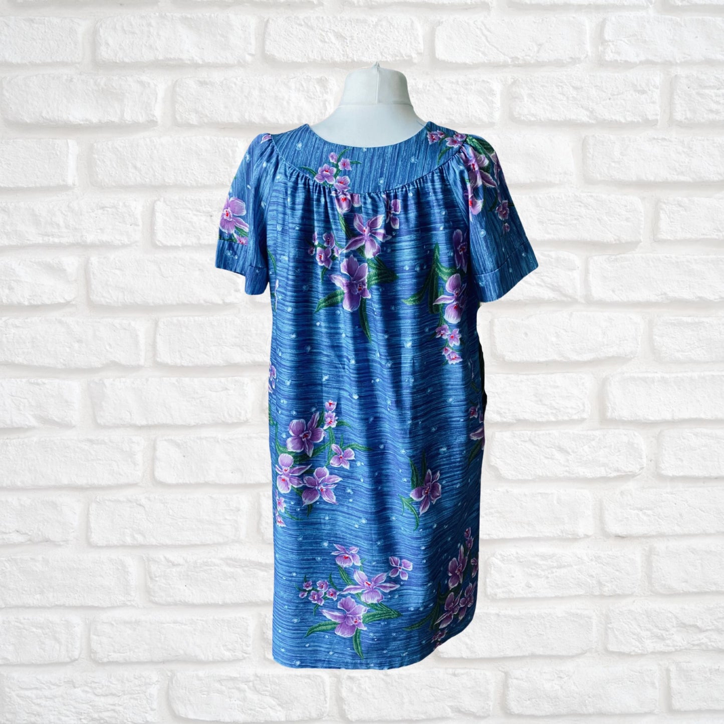 Cotton blue Hawaiian print vintage smock dress/ kaftan. Approx UK size 16-24