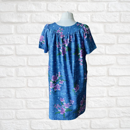 Cotton blue Hawaiian print vintage smock dress/ kaftan. Approx UK size 16-24