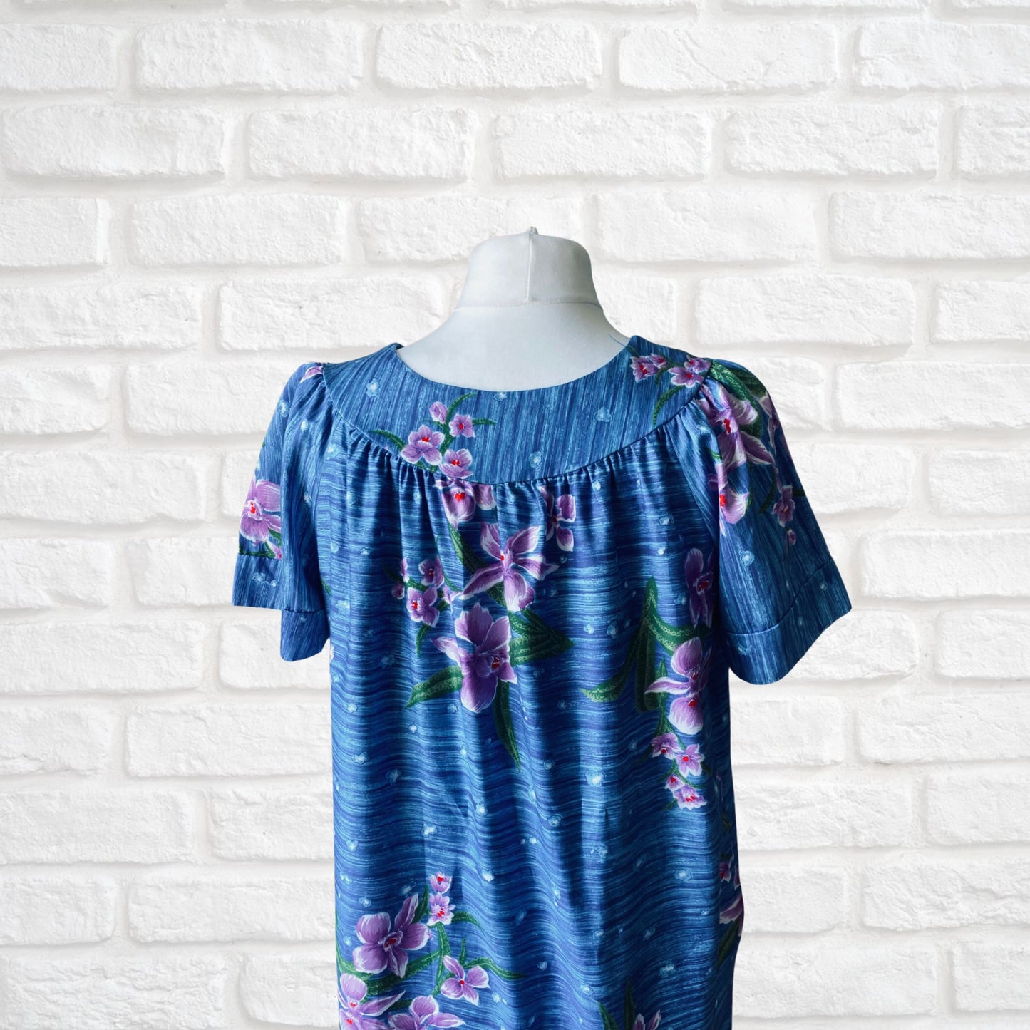 Cotton blue Hawaiian print vintage smock dress/ kaftan. Approx UK size 16-24