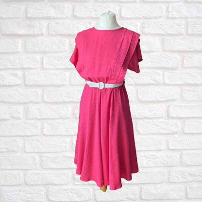 80s bright pink brocade dress with stiff white embroidery anglaise underskirt. Approx UK size 12-14