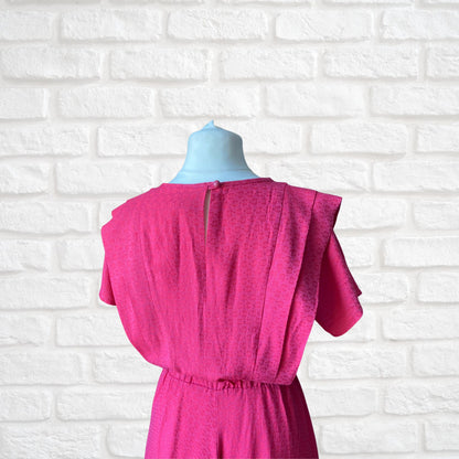 80s bright pink brocade dress with stiff white embroidery anglaise underskirt. Approx UK size 12-14