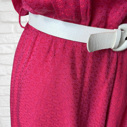80s bright pink brocade dress with stiff white embroidery anglaise underskirt. Approx UK size 12-14