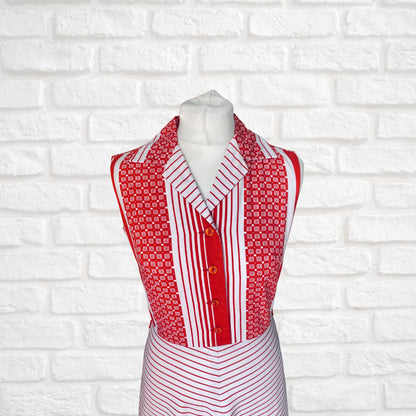 Vintage red and white open collar geometric and striped midi dress. Approx UK size 8- 10